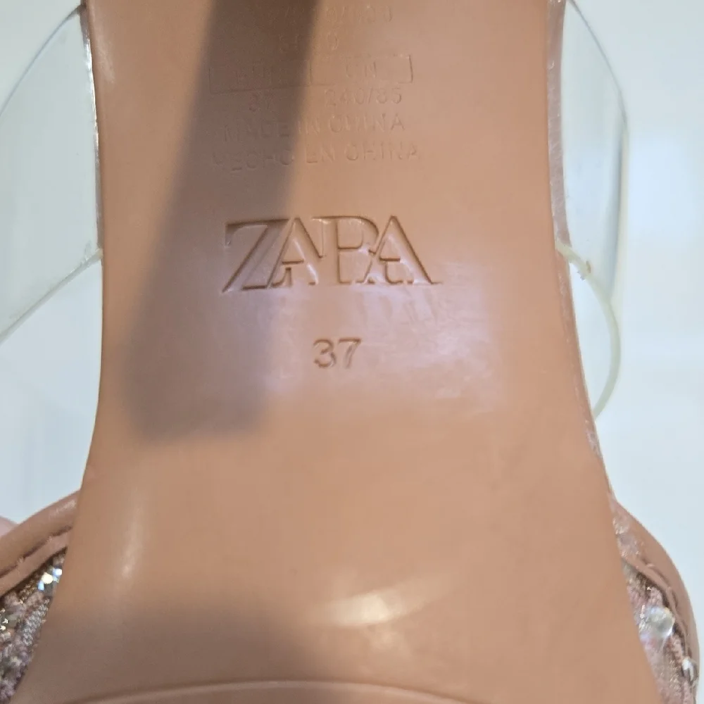Zara Women's Beige Embellished Heels with Clear Straps - Picture 4 of 10